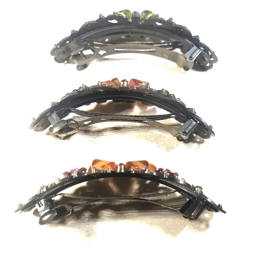 Lot Of 3 Butterfly Barrettes Black metal Rhinestones Green Pink Orange
